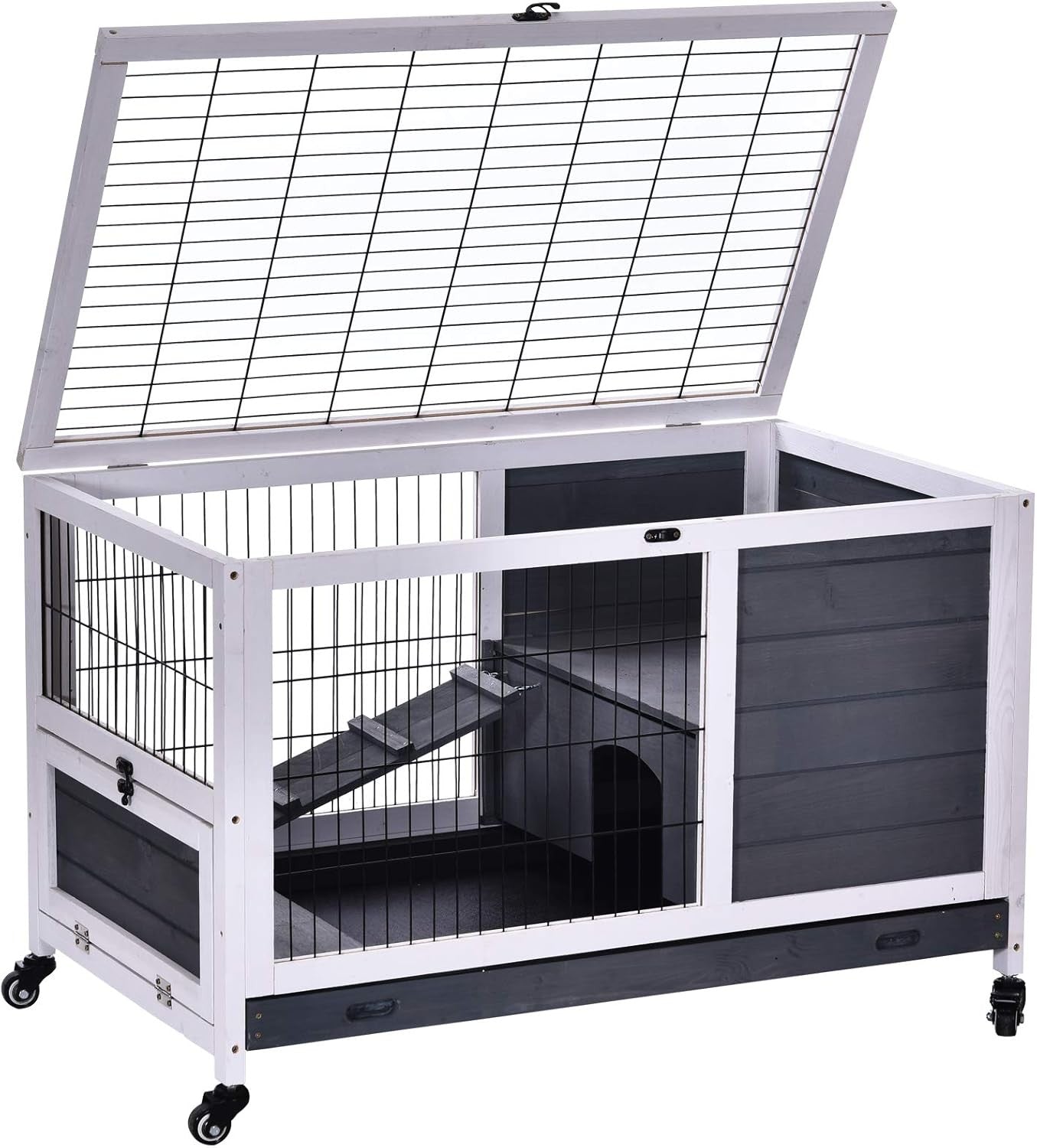 Rabbit Hutch Guinea Pig Cage Wooden Indoor Portable with Openable Roof