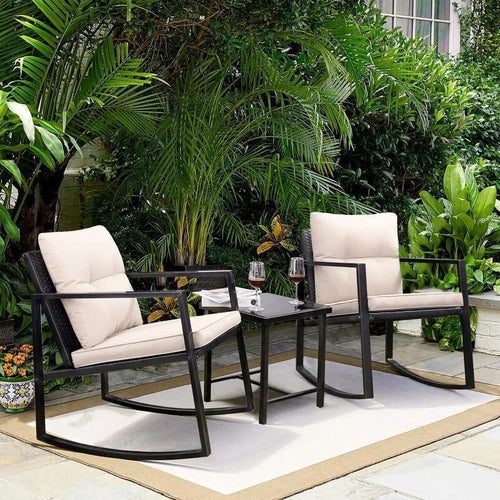 3PC Rattan Rocking Bistro Set w/ Cushions & Glass Table Garden Balcony