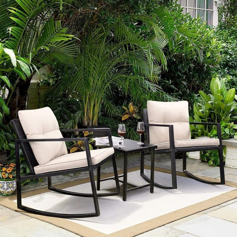 3PC Rattan Rocking Bistro Set w/ Cushions & Glass Table Garden Balcony