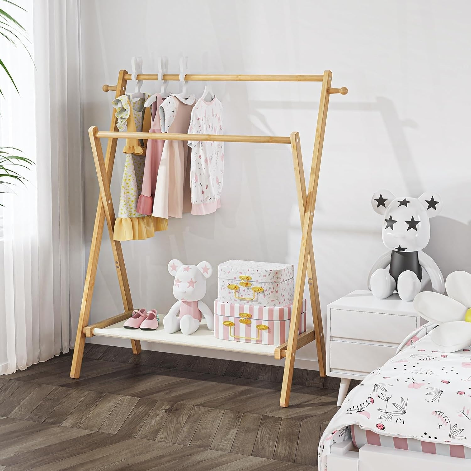 Bamboo Kids Clothing Rack Regular Size Foldable Dress Up Rail with Shelf