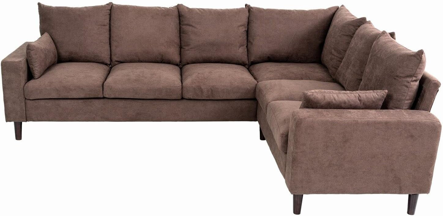 6 Seater L Shape Corner Sofa Brown Linen Modern Large 3+2 Lounge Couch