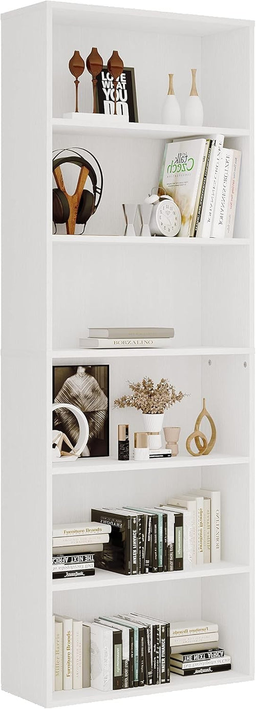 6-Tier Tall White Bookcase Large Wooden Storage Shelf Unit Modern Home Display