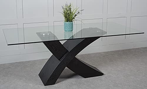 Rectangular Glass Dining Table 200cm 8-Seater Black Wood Cross Base Modern