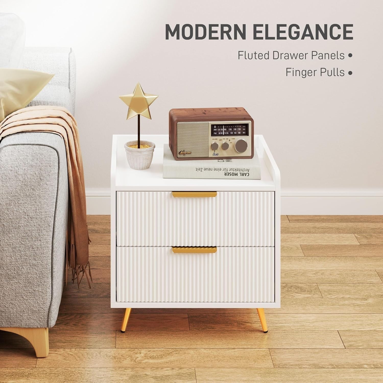 Modern White Bedside Table with 2 Drawers & Gold Metal Legs | Elegant Nightstand