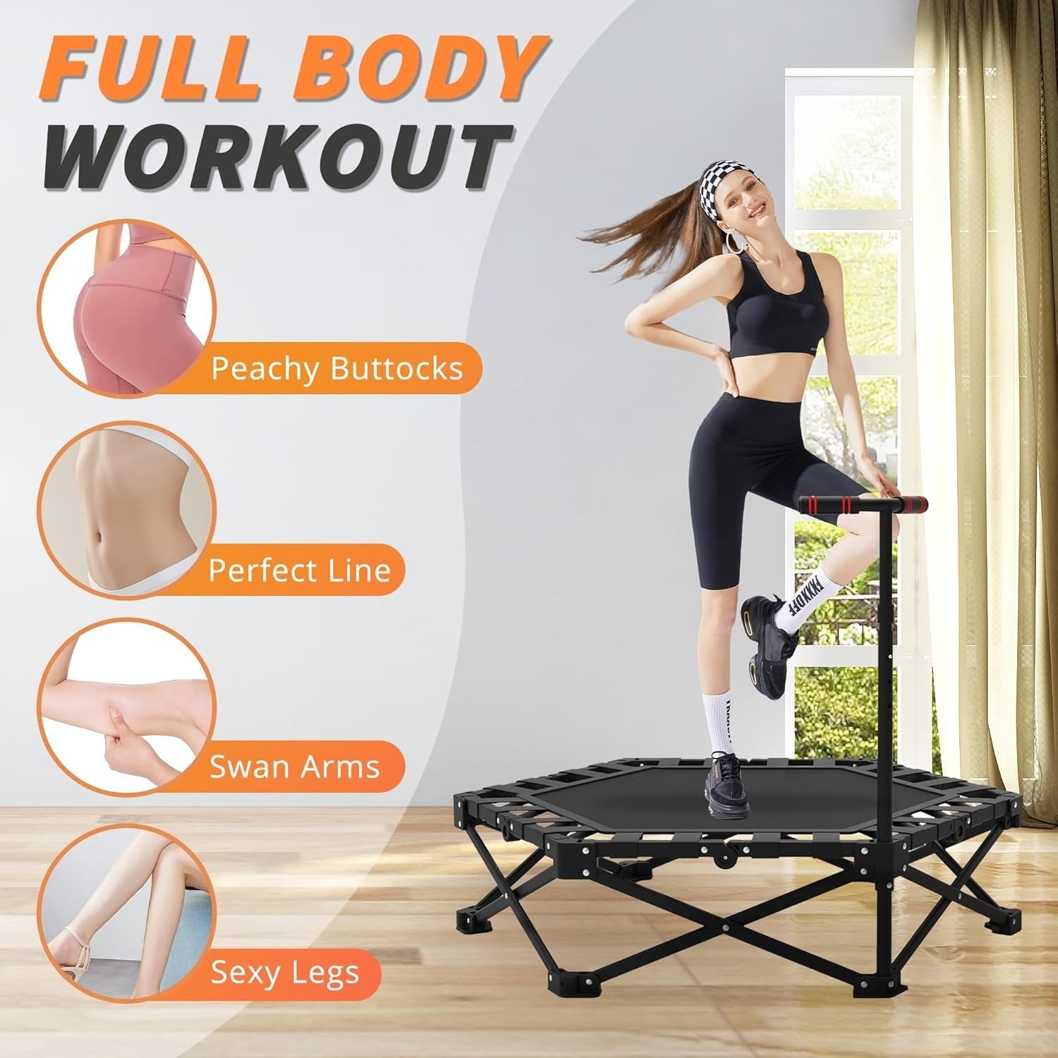 42” Foldable Fitness Trampoline Indoor Rebounder w Adjustable Handle 450lbs