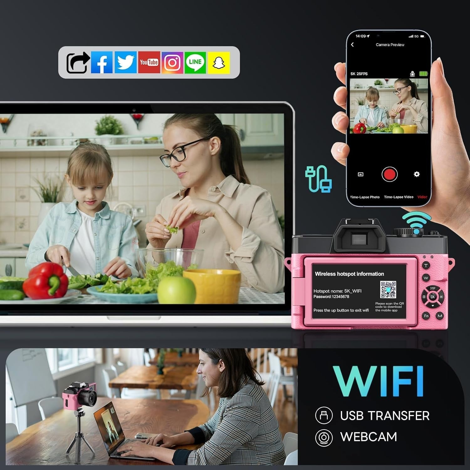 5K 64MP Vlogging Camera WiFi Flip Screen 16X Zoom Pink Kit