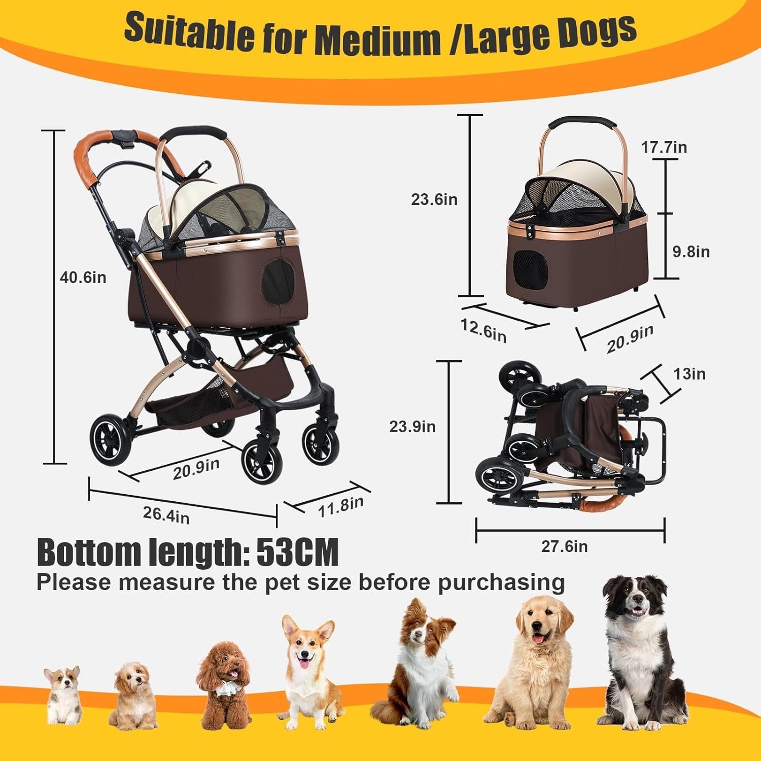 2 in 1 Dog Stroller Pram with Car Seat Small Medium Dogs Brown