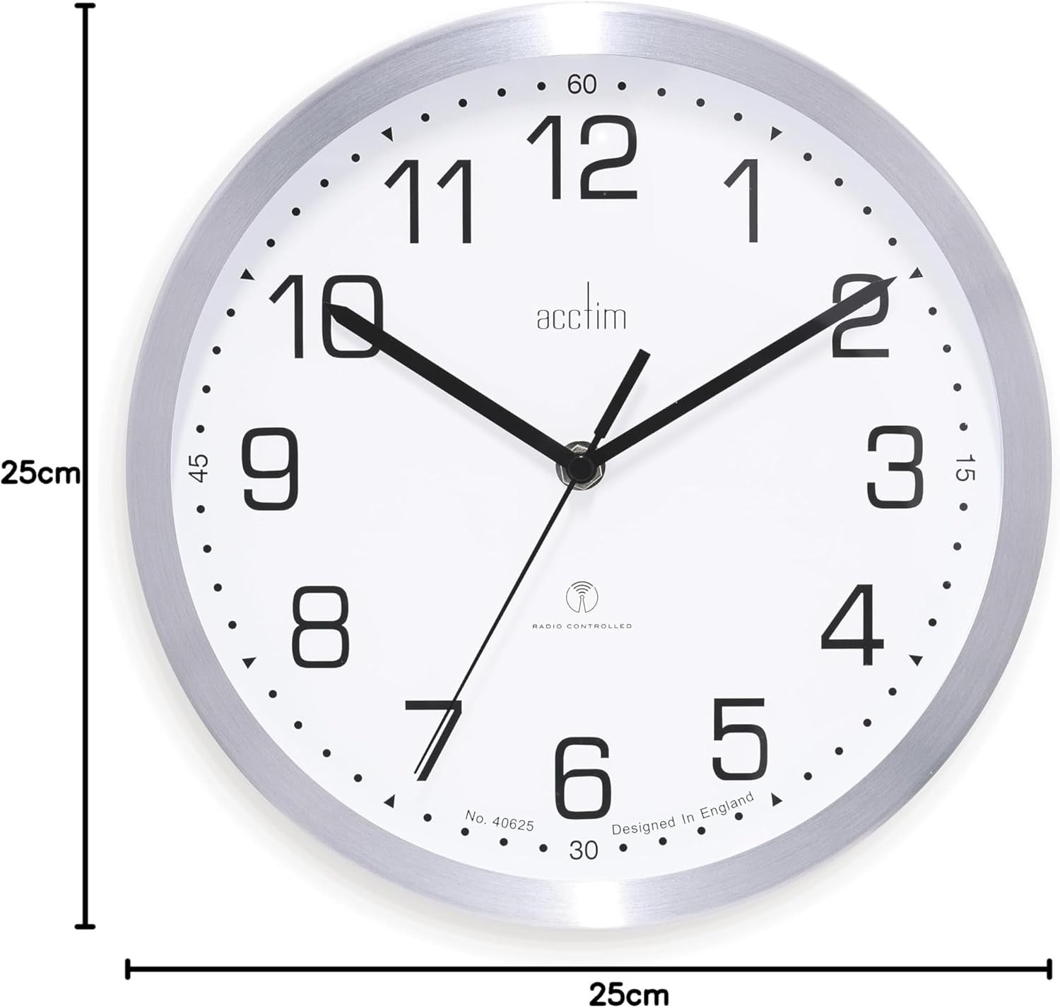 Radio Controlled Wall Clock 25cm Silent Aluminium Frame Accurate Timekeeping