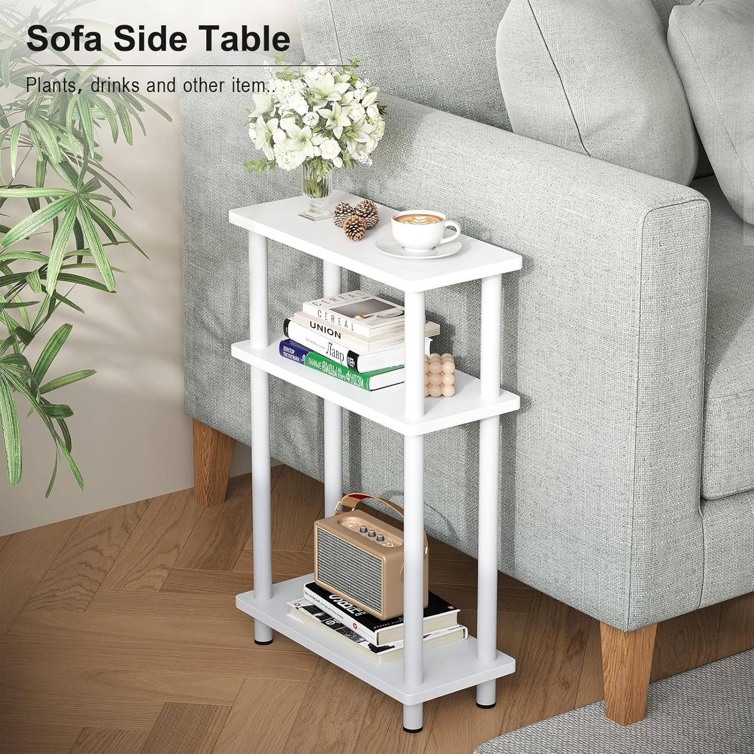 Slim 3-Tier Narrow Side Table, Space-Saving End Table for Living Room, Bedroom