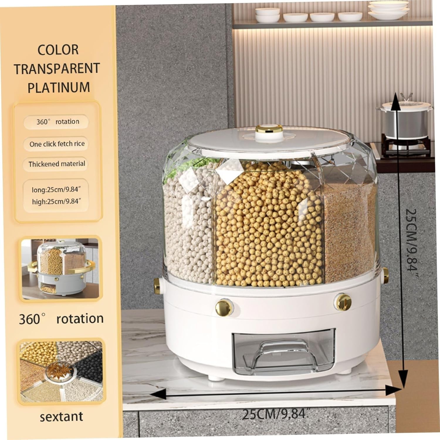 30L Rotating Rice Dispenser 6 Grid Airtight Grain Storage Container