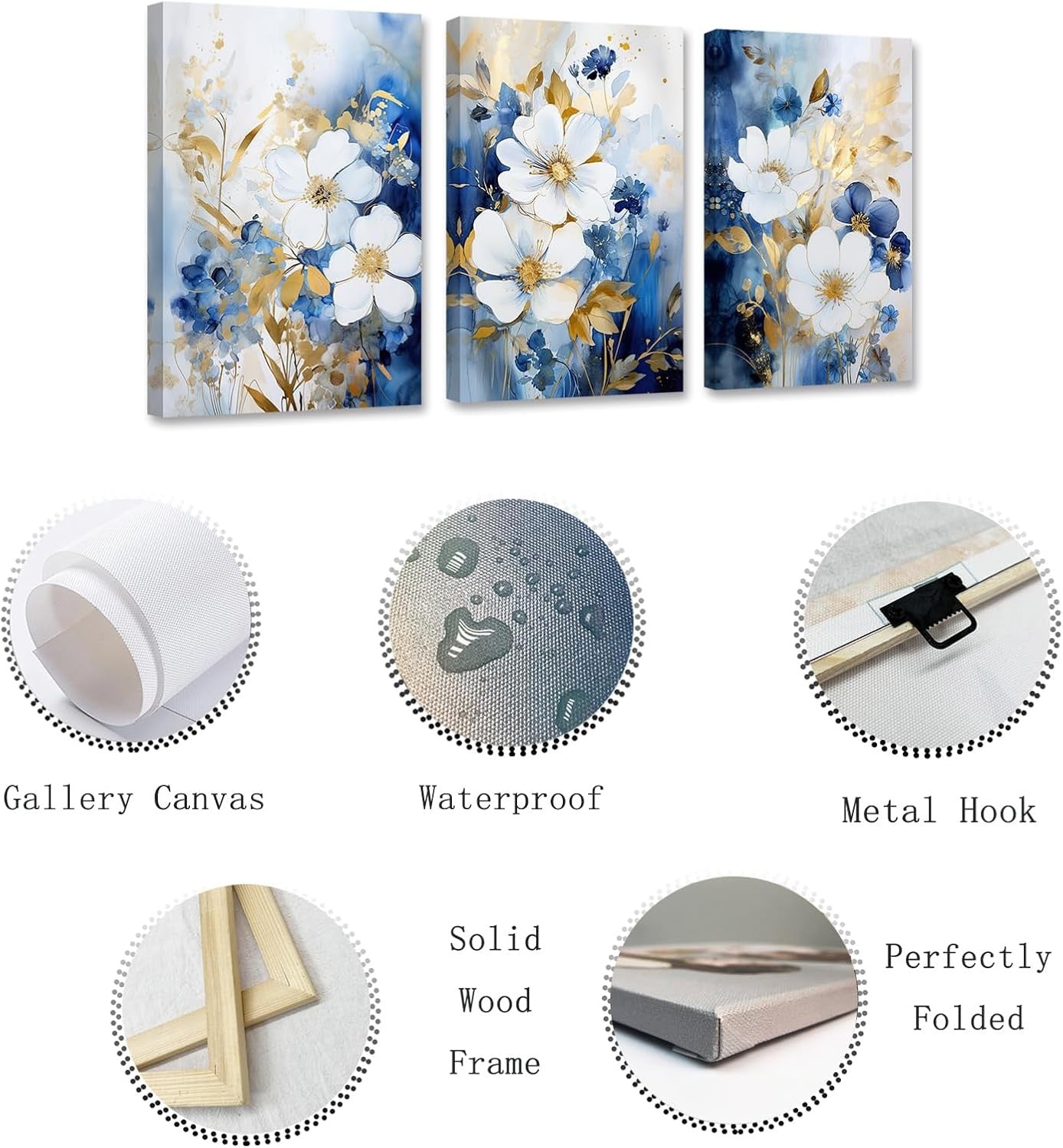 Navy Blue Floral Wall Art Set of 3 Framed 11x14in