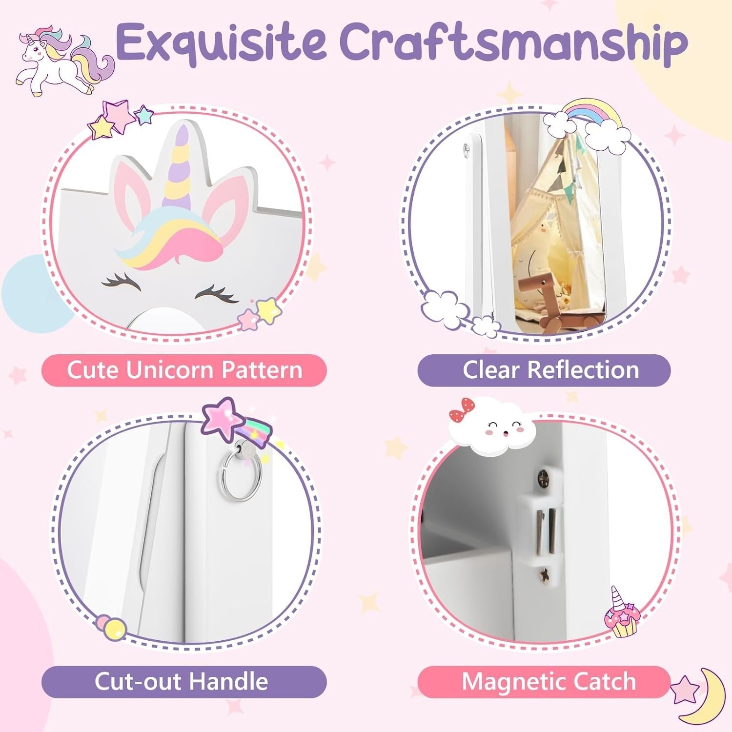Kids Jewelry Cabinet Mirror Organizer Adjustable Princess Storage Unicorn
