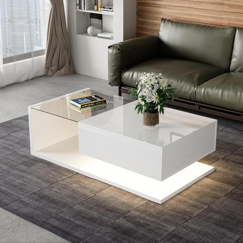 LED Coffee Table with Storage Compartment & 16-Color Lights, 105x55x32.5cm