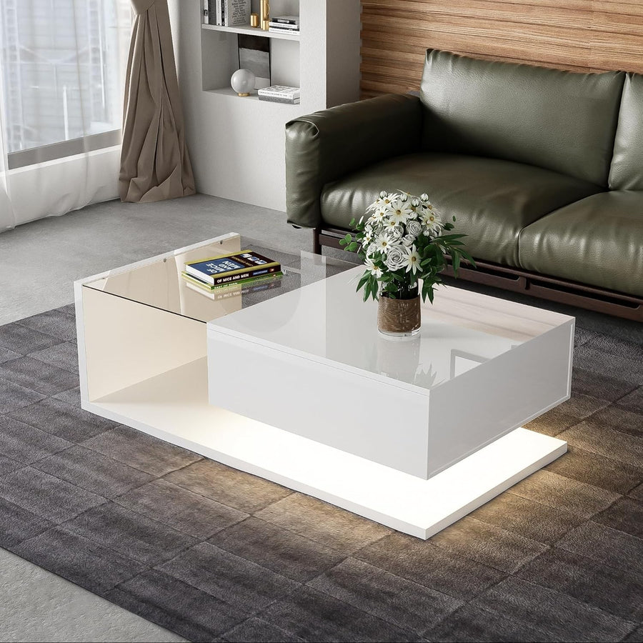 LED Coffee Table with Storage Compartment & 16-Color Lights, 105x55x32.5cm