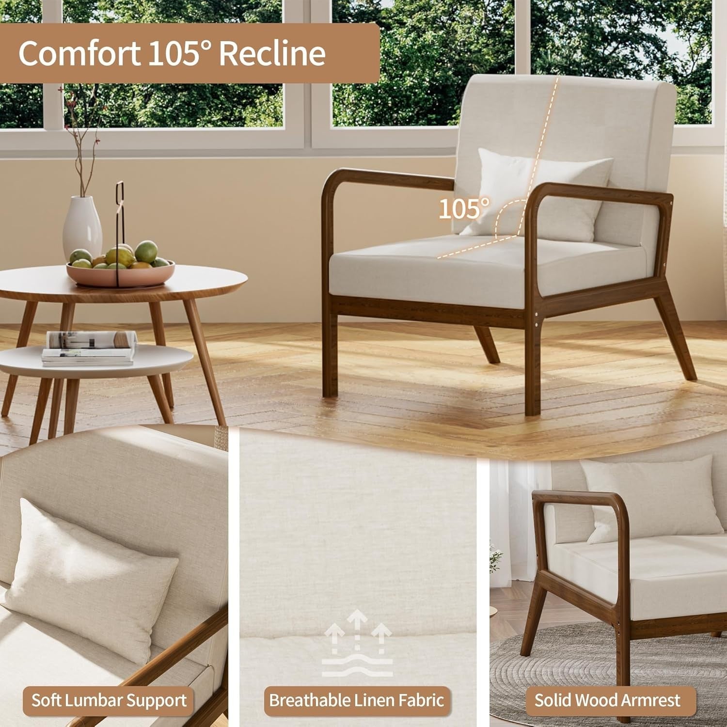 Wide Seat Accent Armchair with Lumbar Pillow, Retro Lounge Sofa Chair