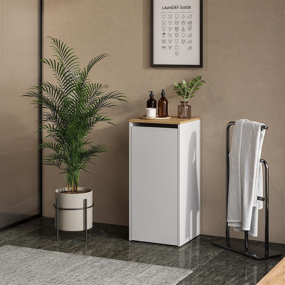 Bathroom Laundry Cabinet With Tilt Out Basket Slim Storage Unit White Wood