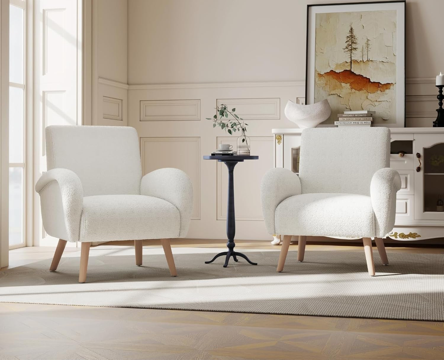 White Faux Fur Accent Tub Chair Wooden Legs Modern Armchair