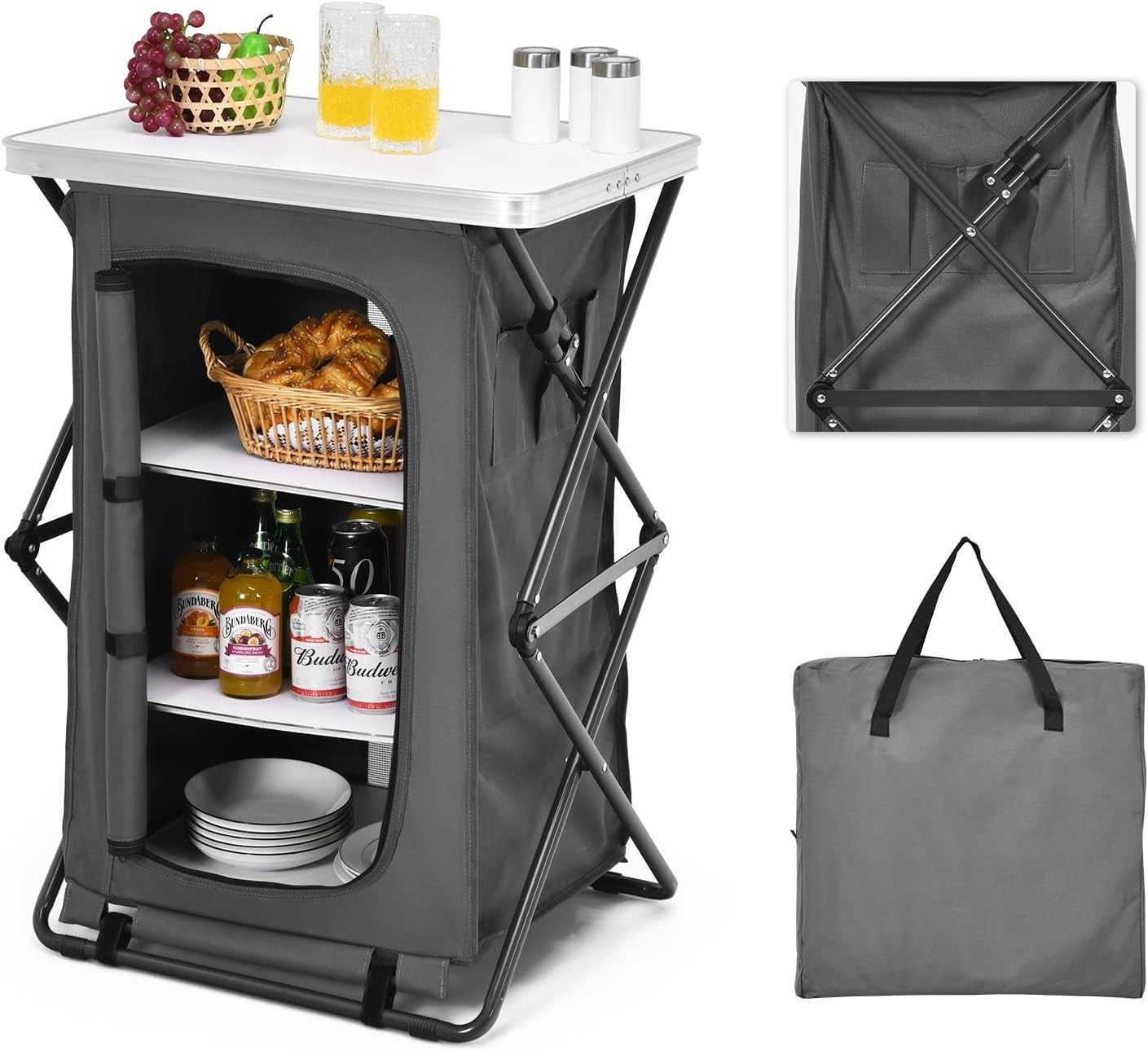 Portable Folding Camping Storage Cabinet with 3 Compartments & Side Pockets