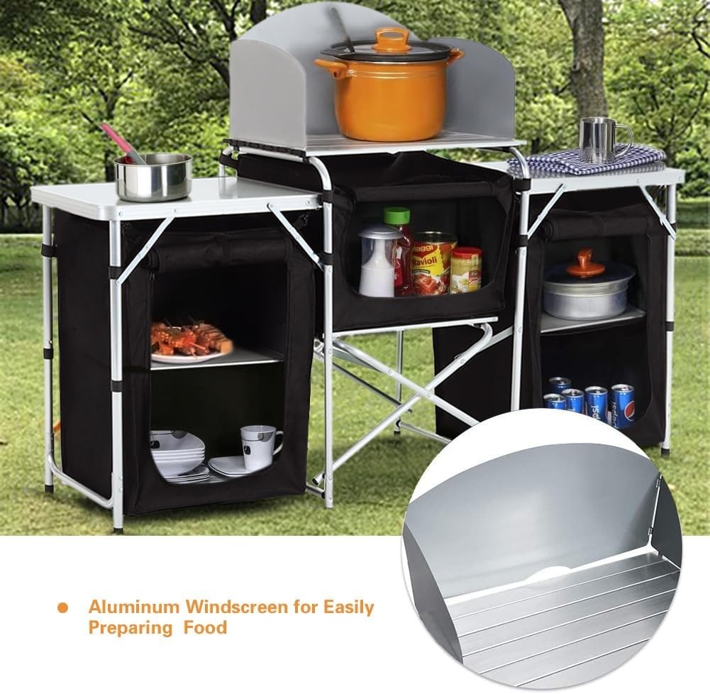 Outdoor Camping Kitchen Cupboard with 5 Shelves & Windshield Stove Table