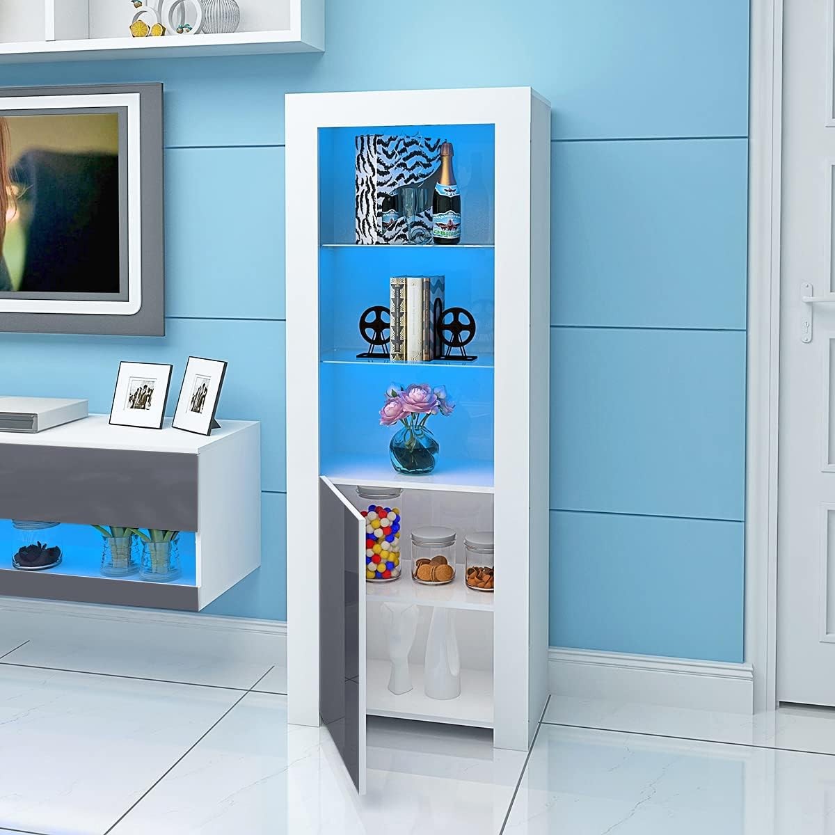 Tall LED Display Cabinet Grey High Gloss Glass Shelves Modern Showcase Cupboard