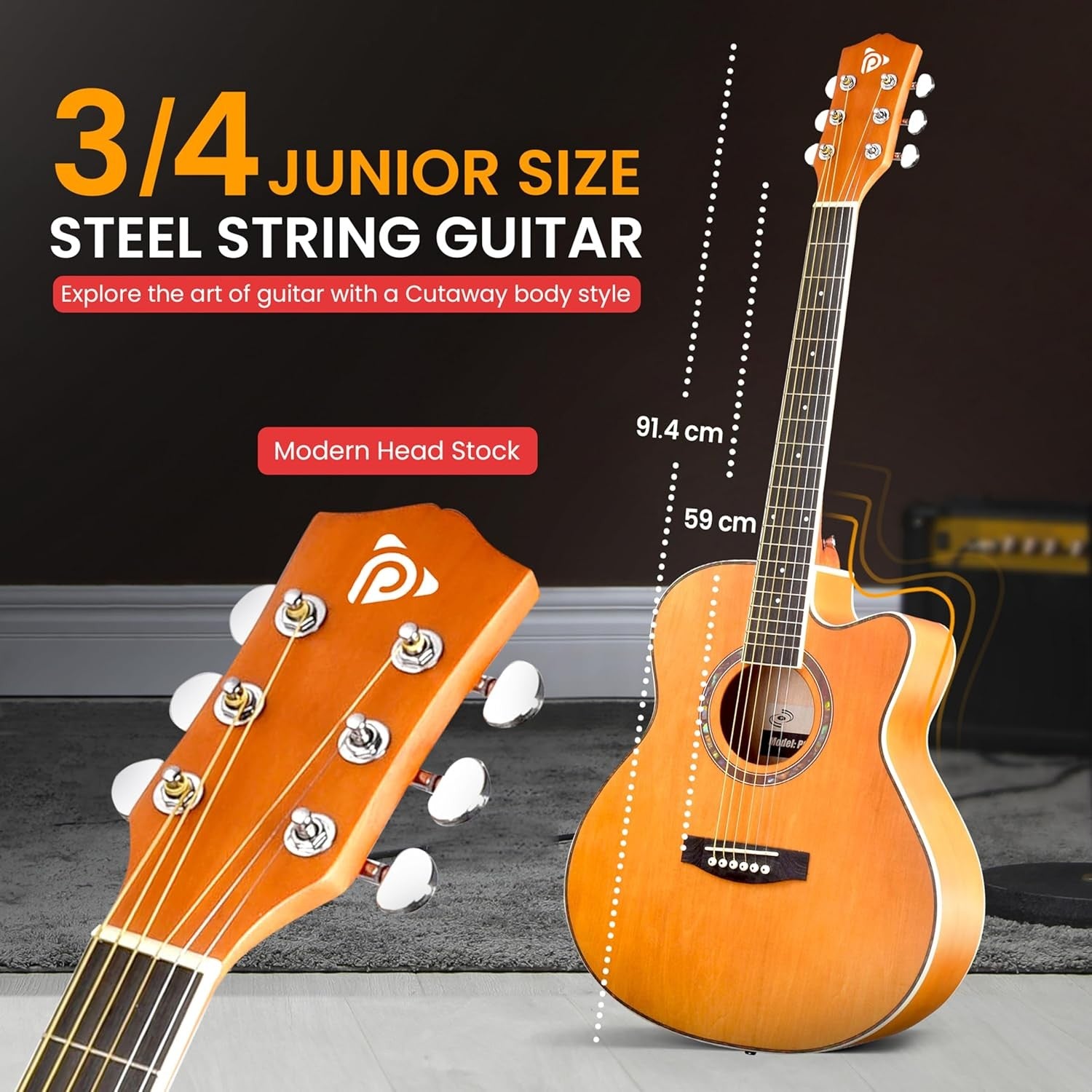 3/4 Size Acoustic Guitar Starter Kit Cutaway Orange with Bag & Accessories