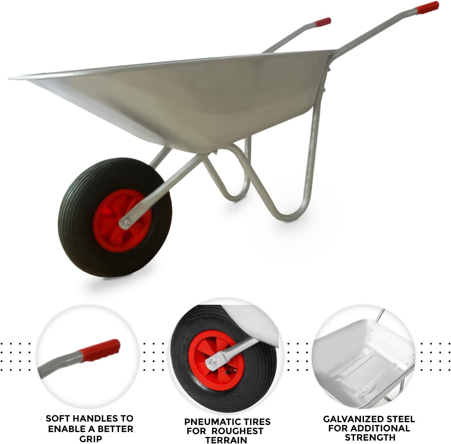 65L Steel Garden Wheelbarrow & Green Silver Cart with Leaf Grabber & 100 kg Load