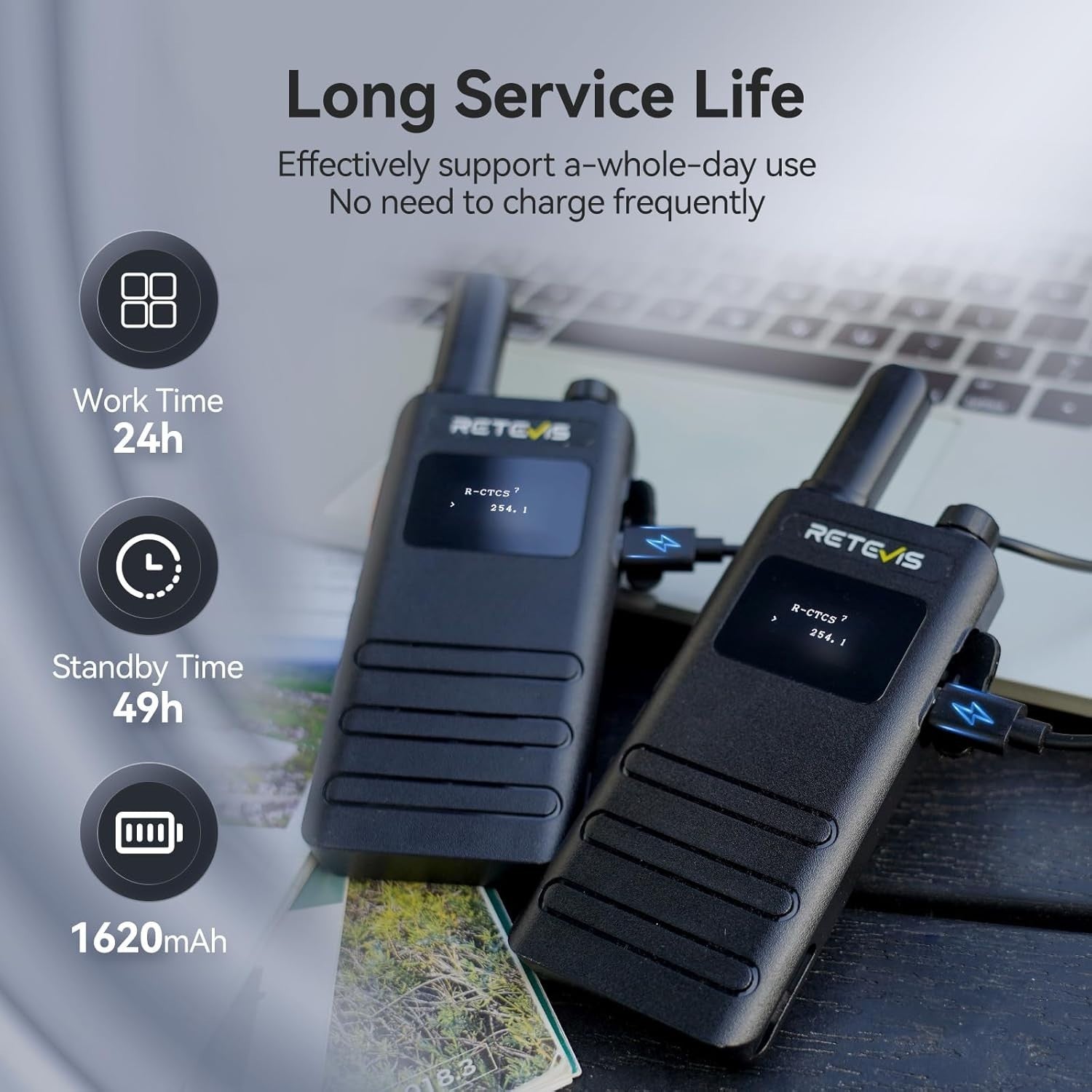 Slim Walkie Talkies 4 Pack LCD VOX USB-C Rechargeable w Earpiece