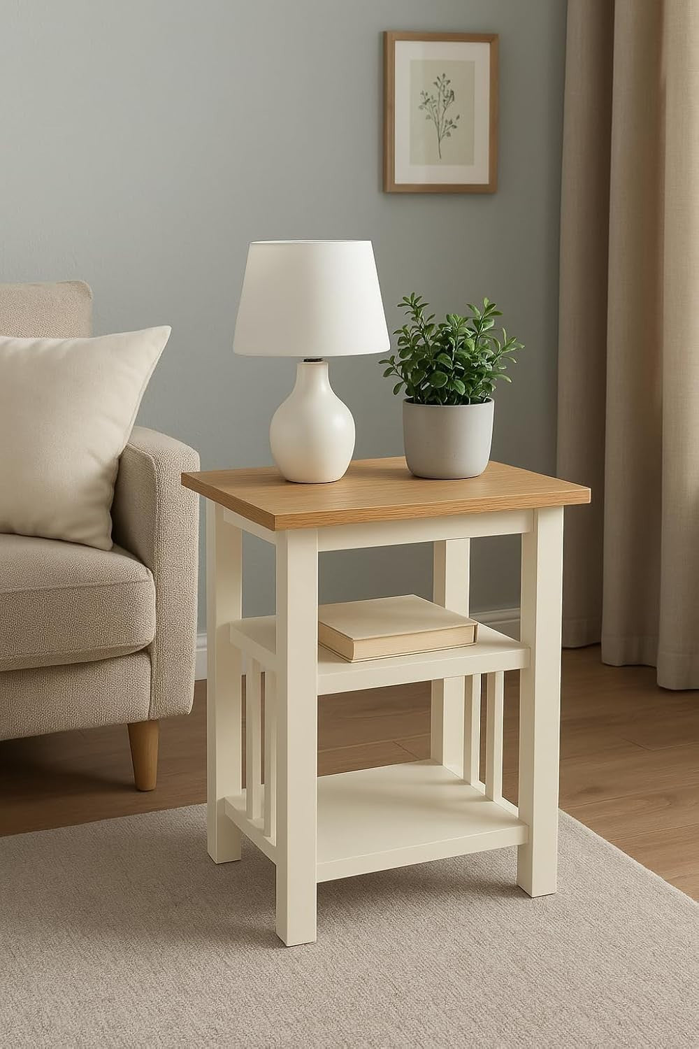Small Side Table with Storage Shelves White Oak Top Narrow Bedside Sofa Stand