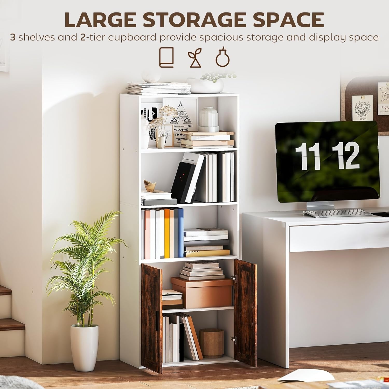 Tall 5-Tier Bookcase with Doors, Adjustable Shelf, Rustic Storage Unit for Home