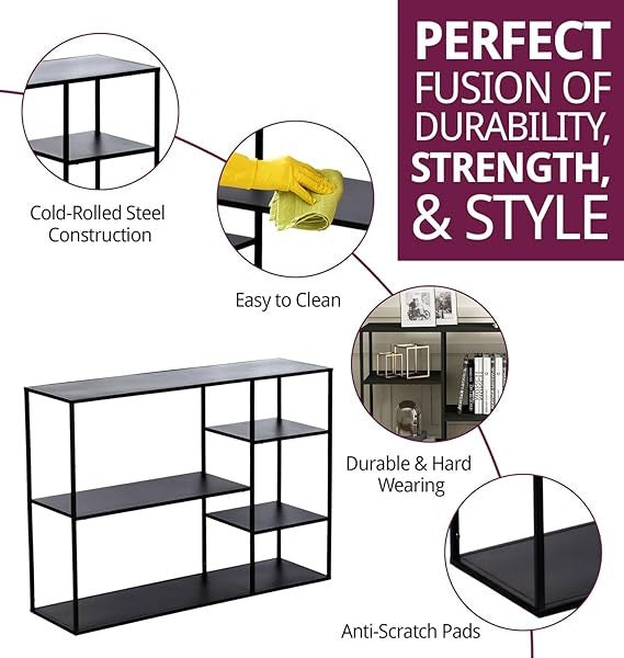 Modern Black Metal Console Shelf Unit – 120cm Wide Display Storage for Living