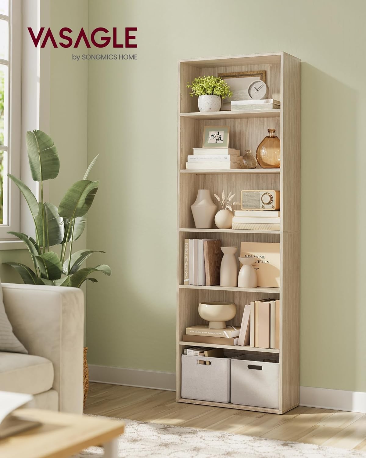 Wide 6-Tier Tall Bookcase with Drawer, Space-Saving Storage Shelving Unit