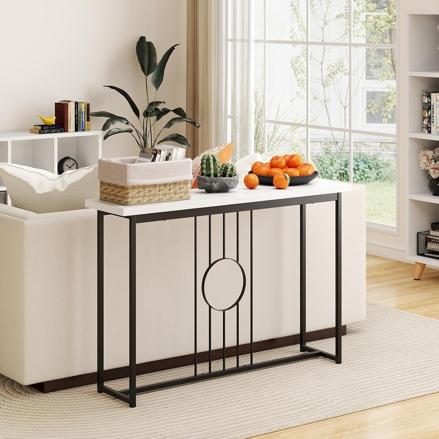 Slim Faux Marble Console Table with Gold Metal Frame, 120cm Wide, Anti-Tip