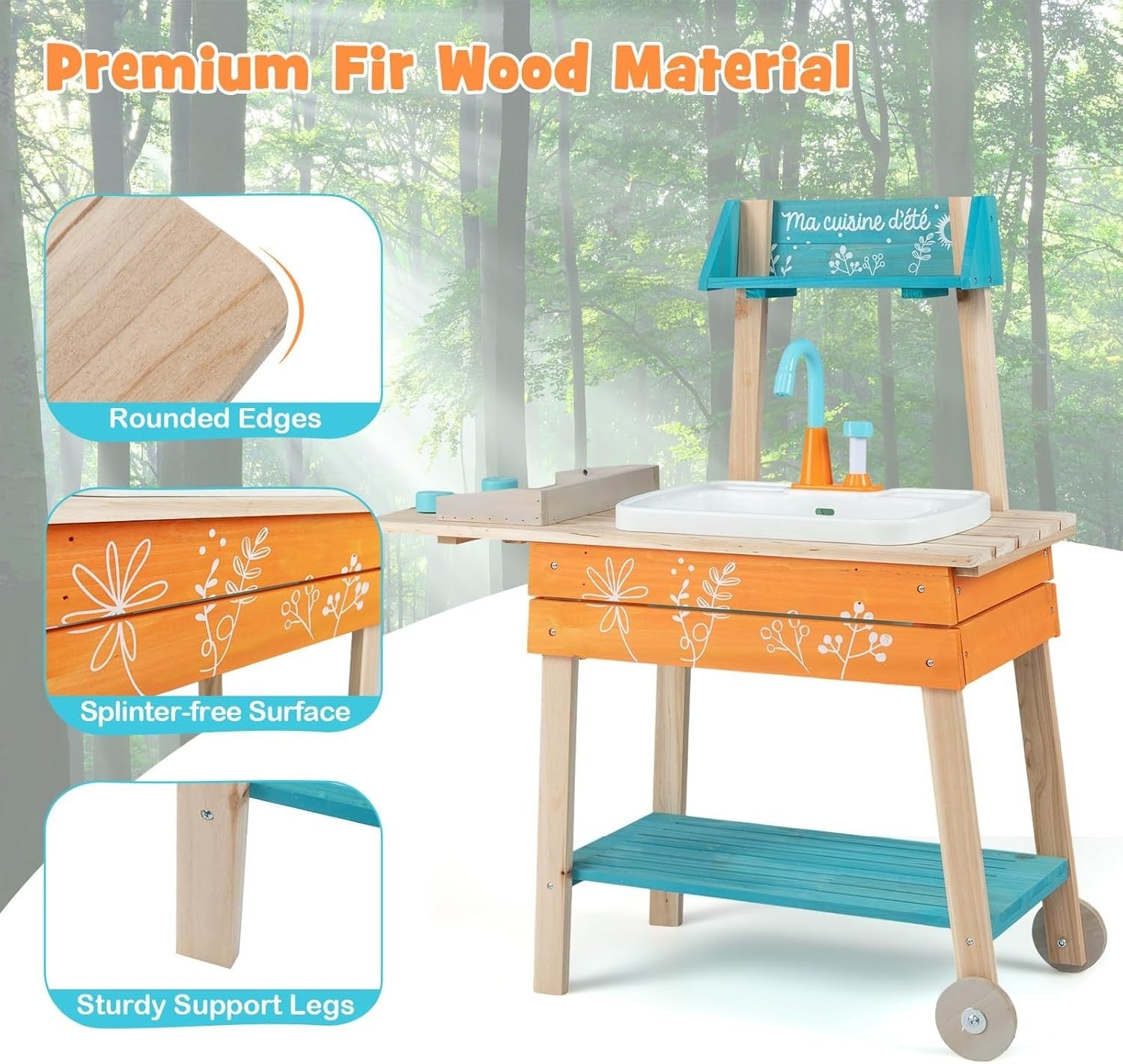 Kids Outdoor Mud Kitchen Wooden Playset Sink Faucet BBQ Toy 3+