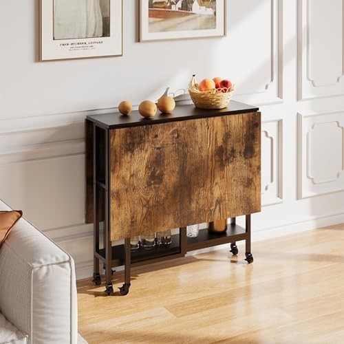 Brown + Black Folding Drop Leaf Dining Table with Shelves & Wheels
