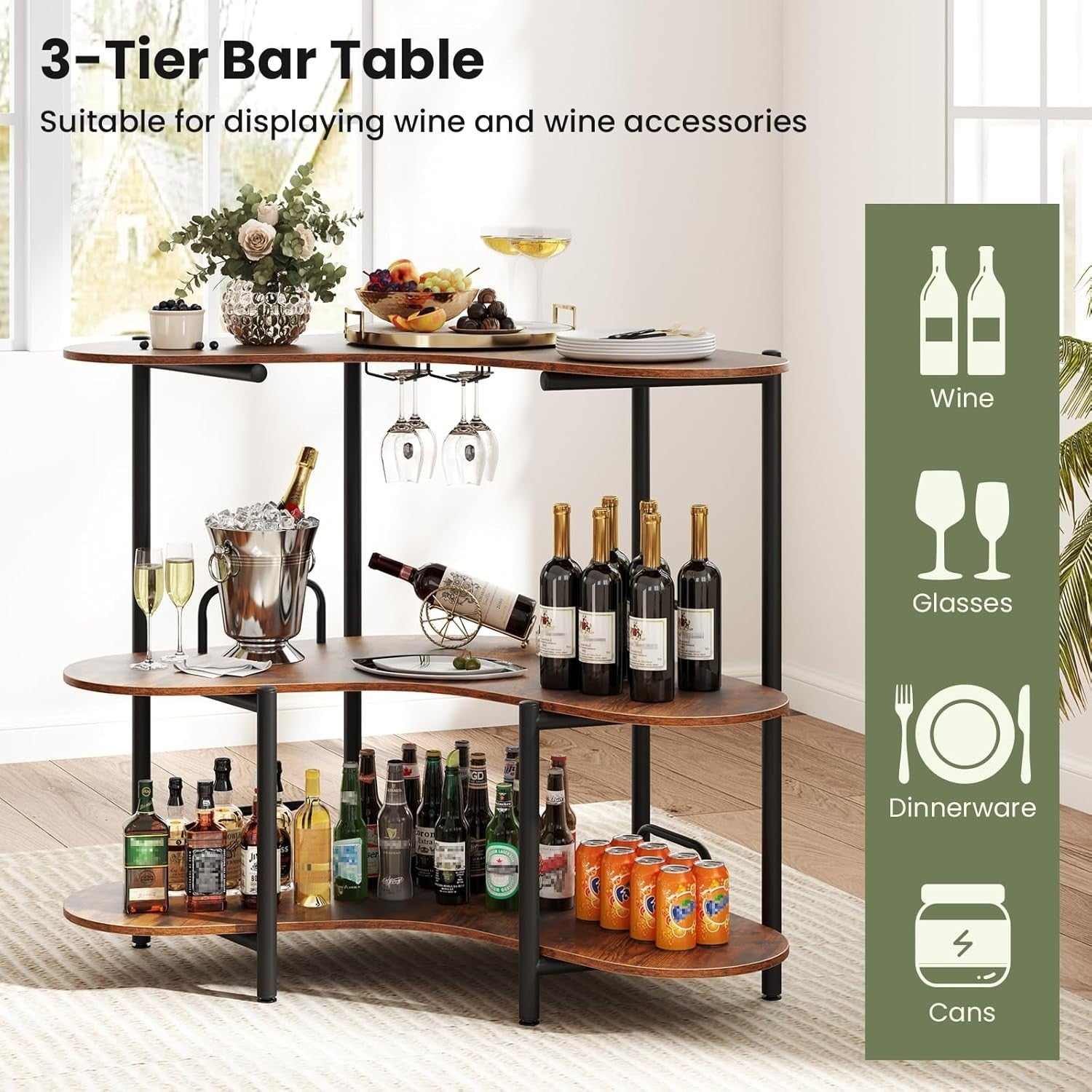 Rustic 3-Tier Wine Bar Cabinet with Glass Holder Freestanding Drinks Storage
