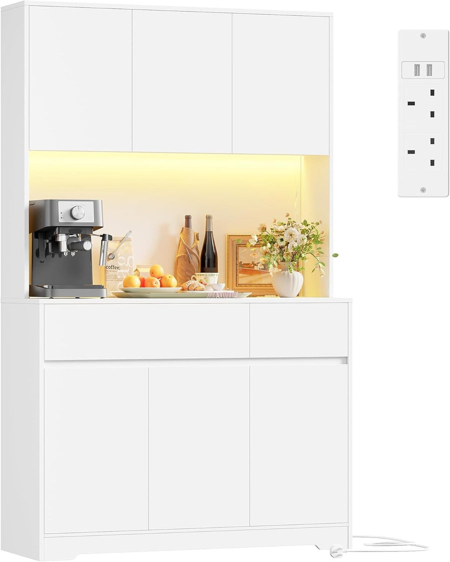 White 180cm Tall Kitchen Cupboard 6 Doors 2 Drawers LED & Power Outlet