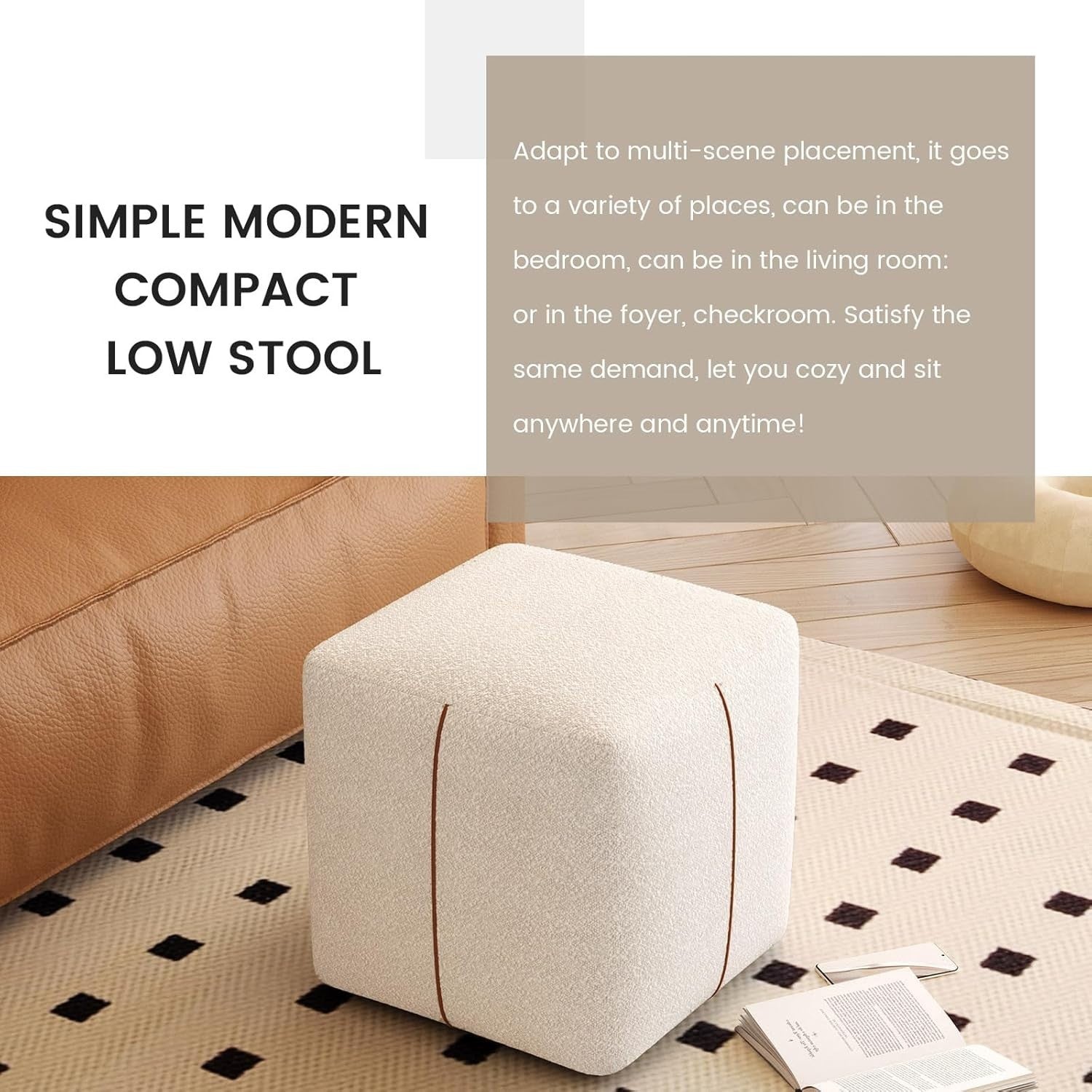 Beige Square Vanity Stool – Soft Fabric Ottoman Seat for Bedroom & Living Room