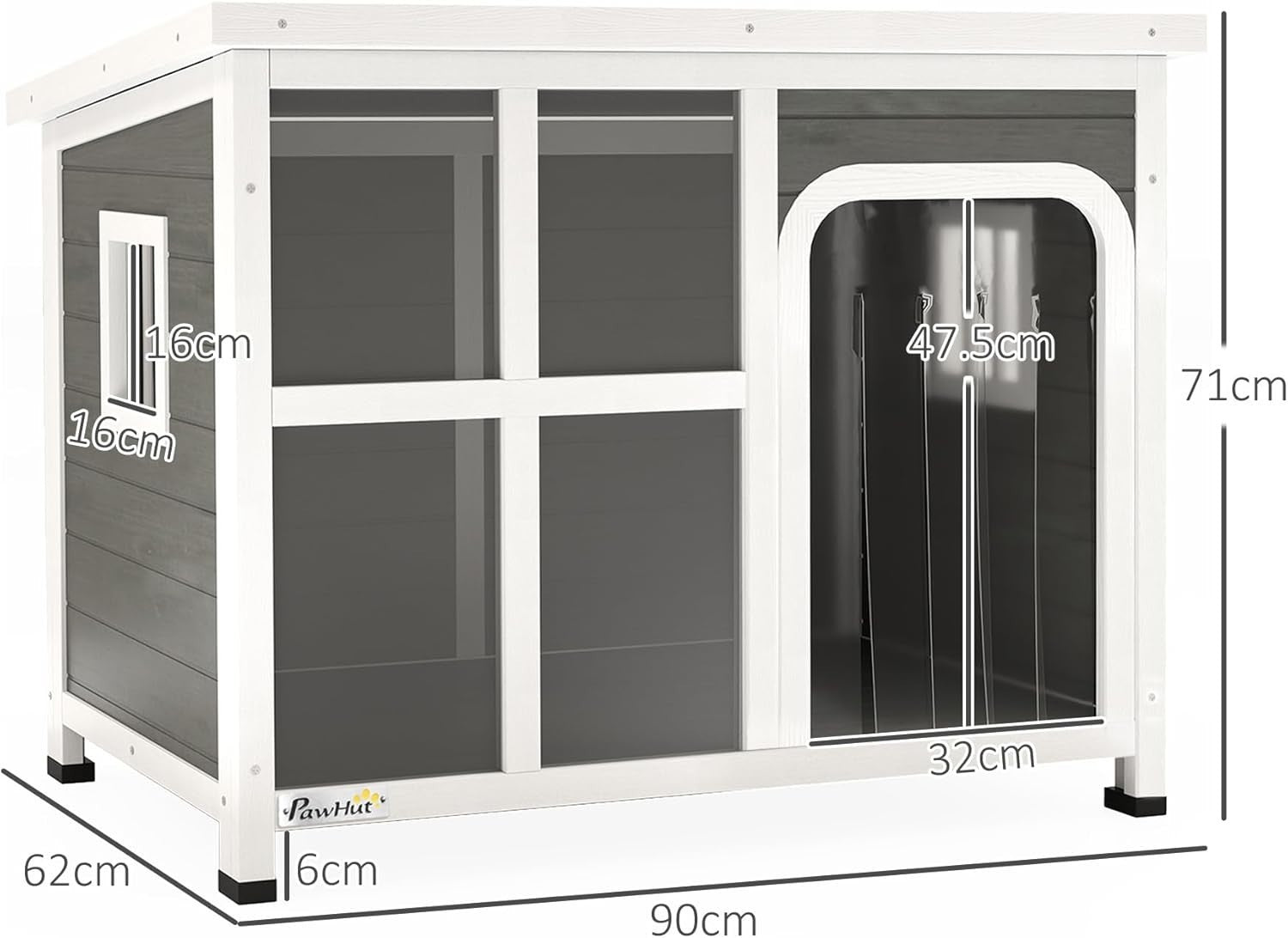 Outdoor Wooden Dog Kennel House w/ Roof, Windows, Curtain | 90x62x71cm