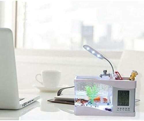 USB Desktop Mini Fish Tank Aquarium LED Lamp Clock Nature Sounds