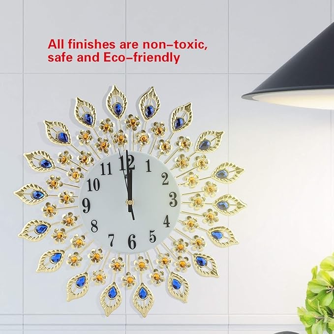 Luxury Peacock Crystal Wall Clock Silent Iron Art Decor 37×37cm Multicolour