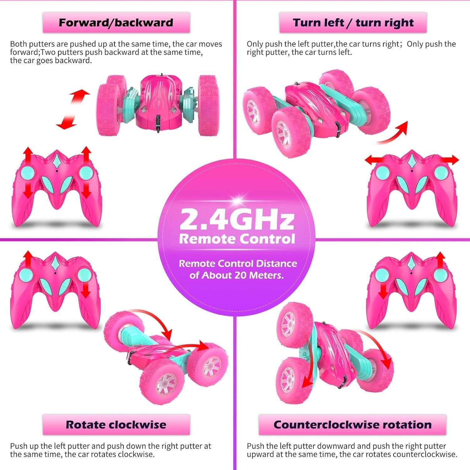 Pink RC Car 4WD 360° Stunt Car with LED Lights Gift for Girls Boys Age 3-12