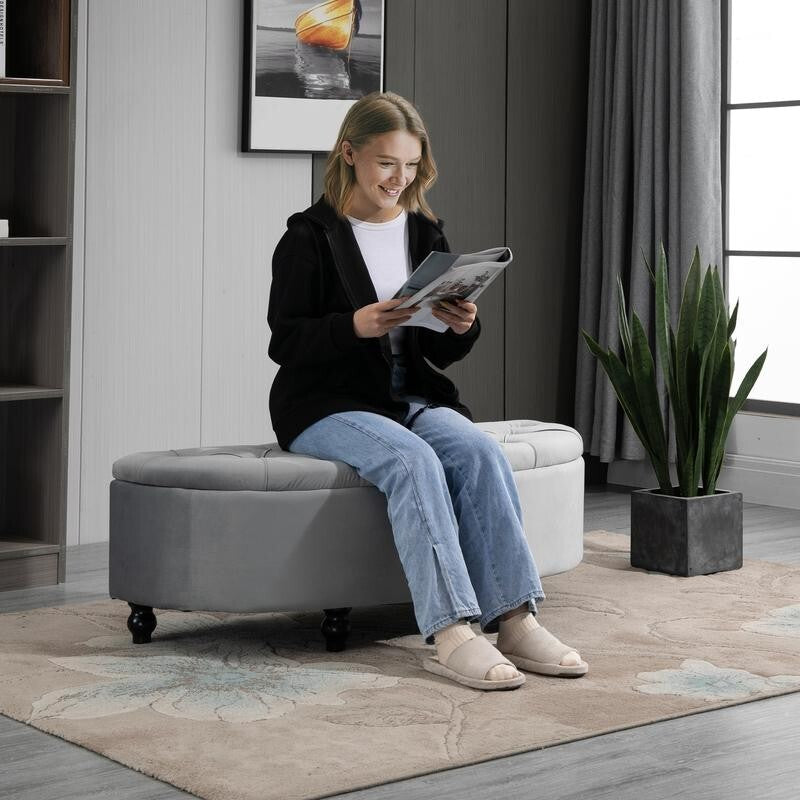 Grey Storage Ottoman Bench Tufted Velvet Seat End of Bed Entryway Stool