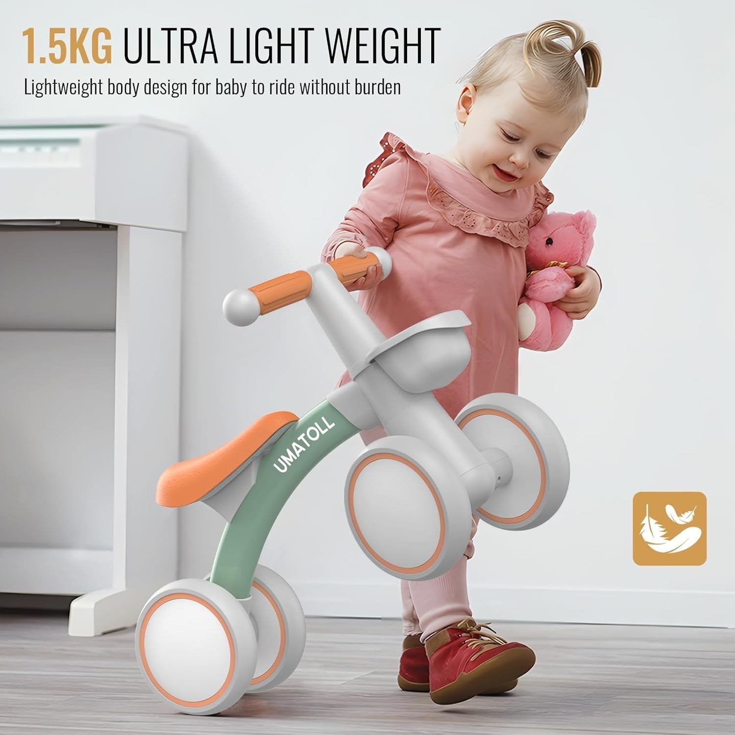 Toddler Balance Bike 12-24 Months Adjustable Seat 4 Wheel Green