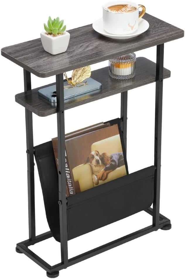 Slim Industrial Side Table with Magazine Holder & Adjustable Feet 18x42x55cm