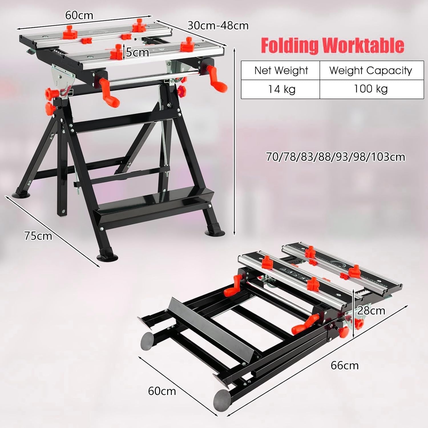 Folding Workbench 75x60cm Adjustable Height Tilt Table Sawhorse 7 Levels Red