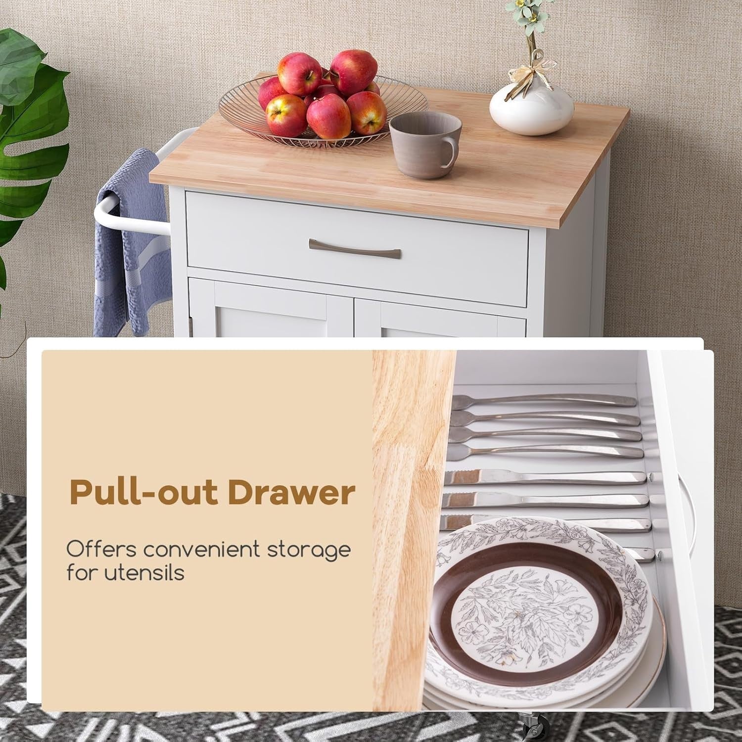 Rolling Kitchen Island Cart with Drawer Cabinet Shelf & Towel Rack White