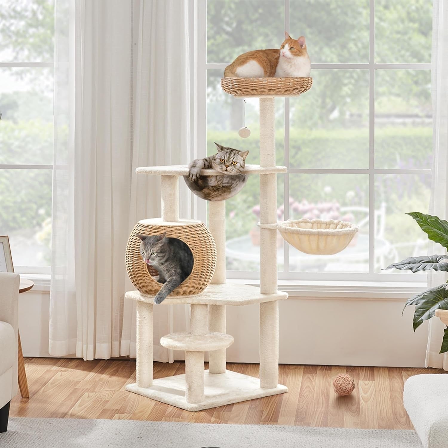 Modern Cat Tree Tower 137.5cm With Wicker Condo Clear Bowl Scratching Posts