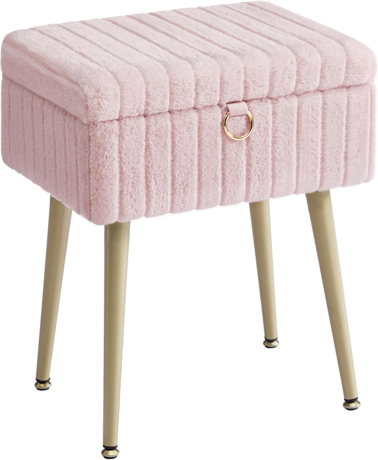 Jelly Pink Vanity Stool with Storage Plush Seat Ottoman Rectangular Chair