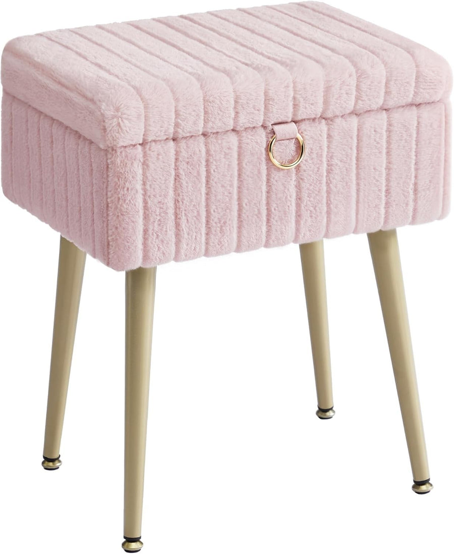 Jelly Pink Vanity Stool with Storage Plush Seat Ottoman Rectangular Chair