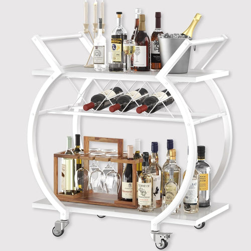 Rolling Bar Cart Drinks Trolley on Wheels Wine Rack Lockable Modern White